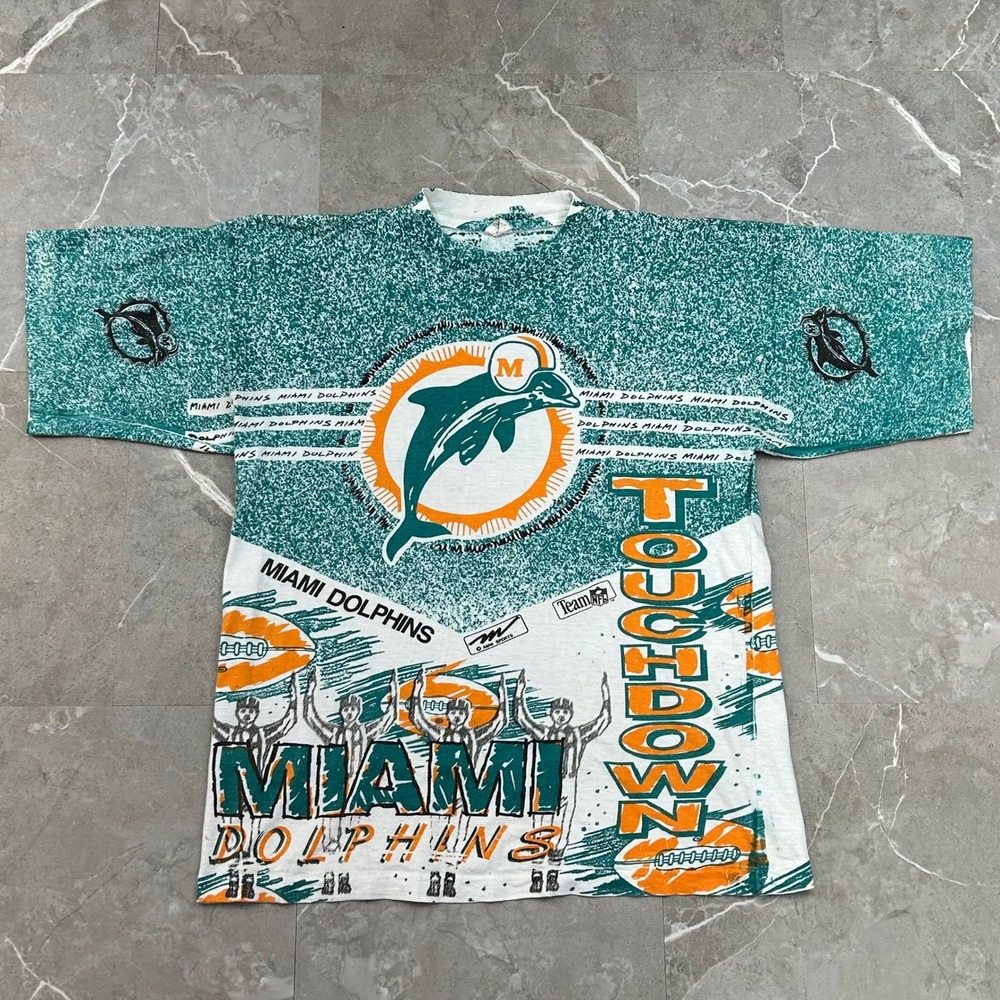 90s Vintage Miami Dolphins Graphic Tee Mens Medium All Over Print AOP Shirt